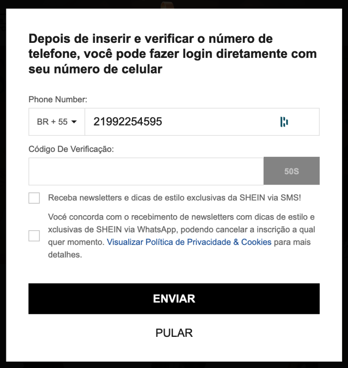 Timer de reenvio do código com pouca visibilidade.