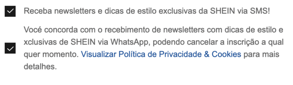 Tela com opt-ins de comunicação já marcados por padrão.