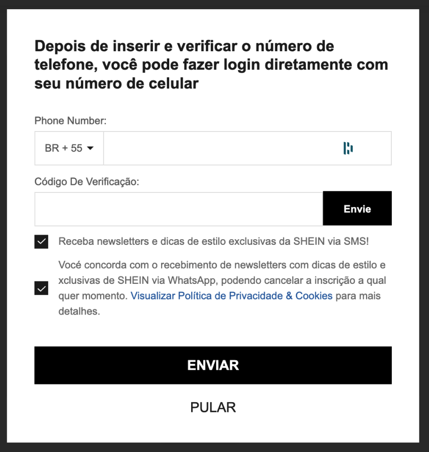 Tela de cadastro de telefone