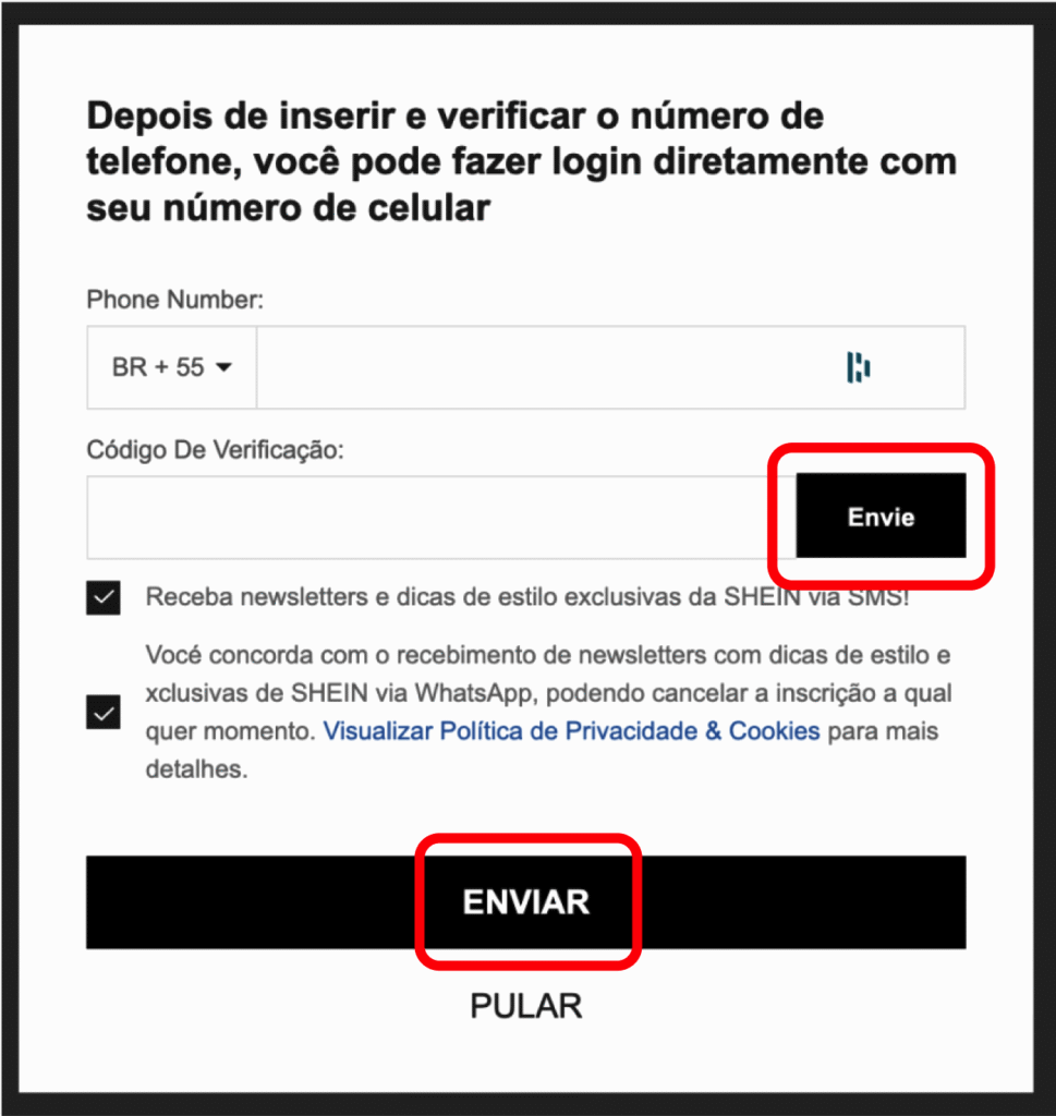 Print com botões iguais (“Enviar”) com funções diferentes.